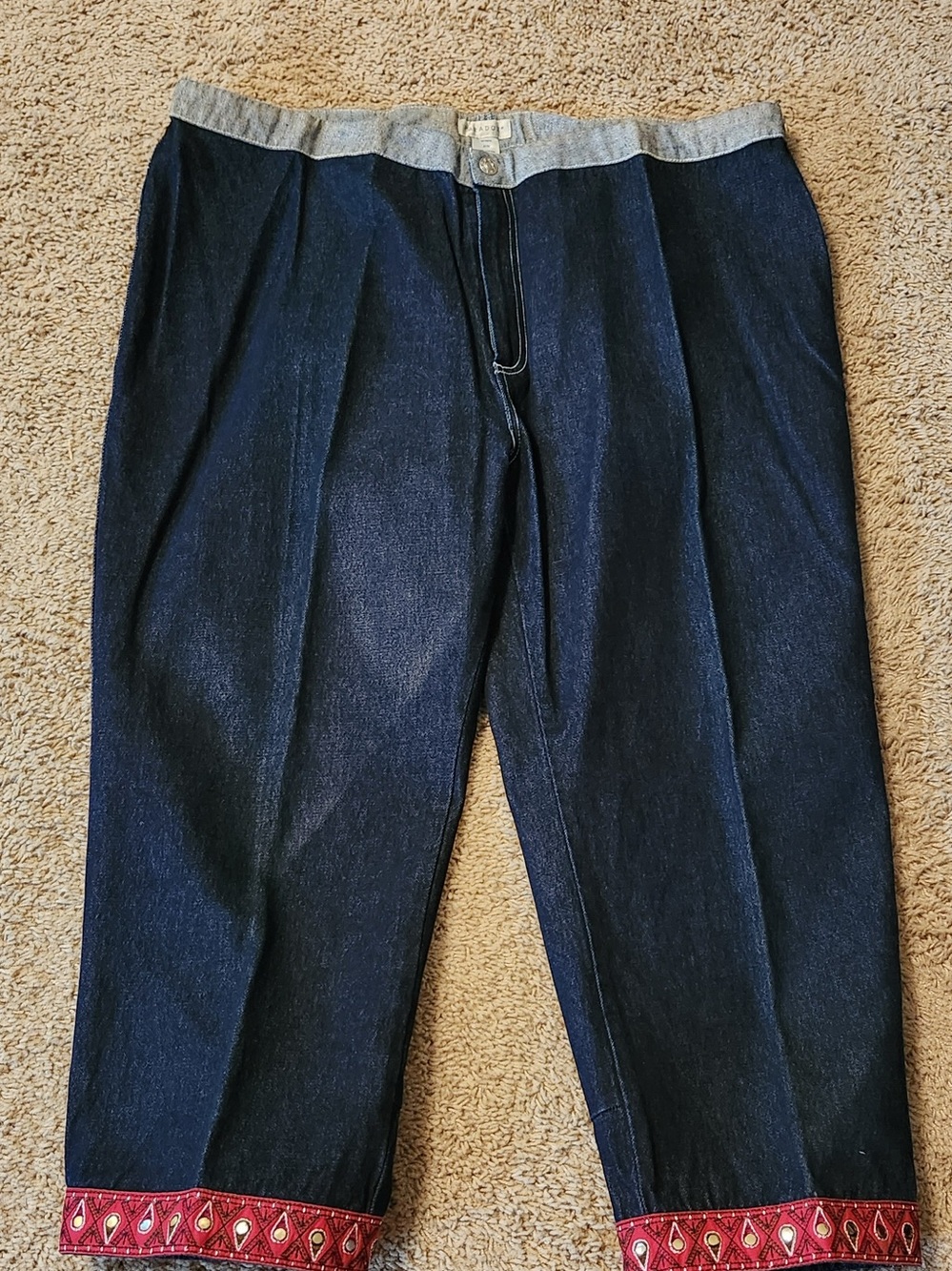 Ladies Dark Blue Denim Jeans with Red Embroidered Cuff